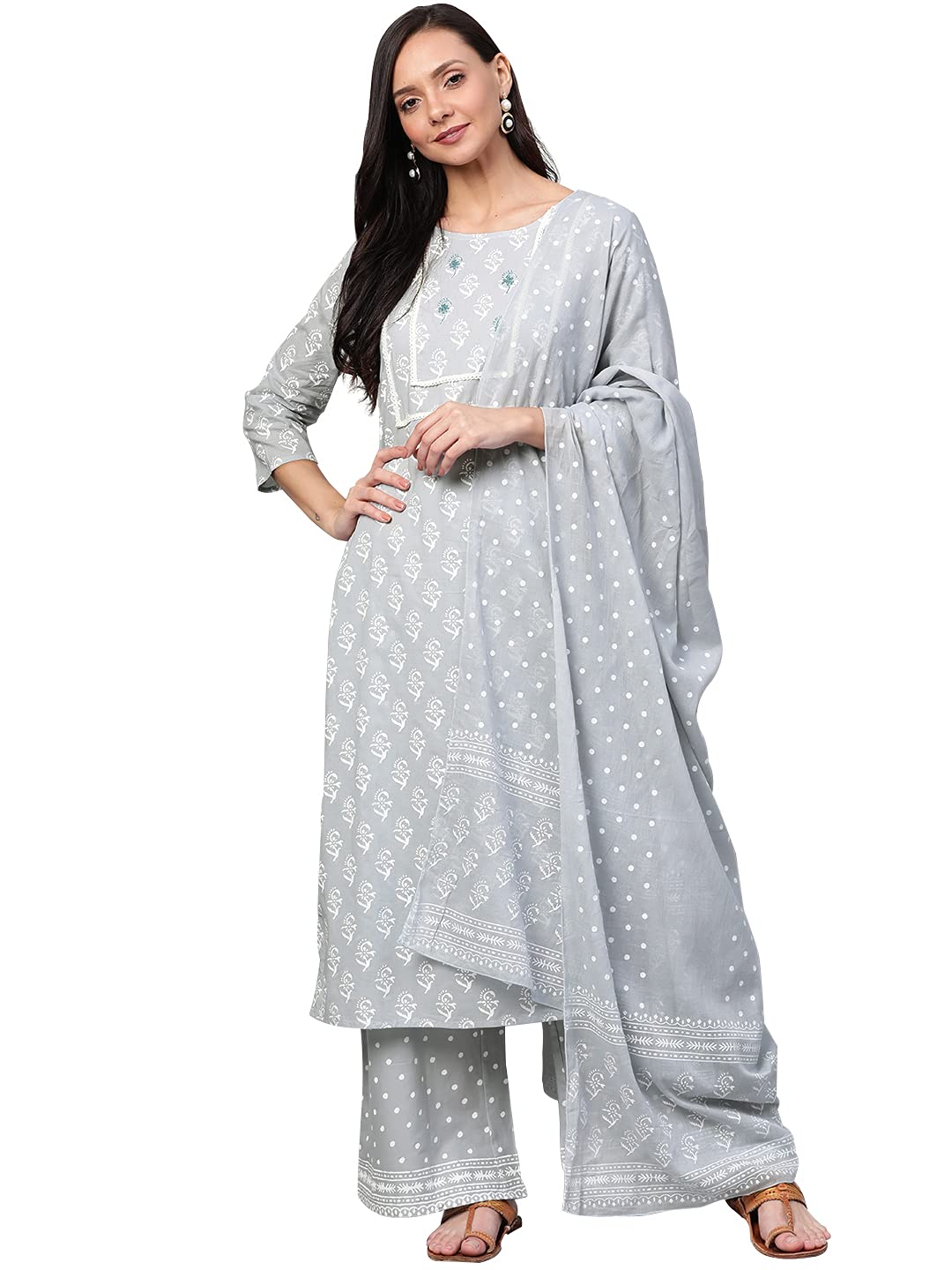 YUFTAWomen's Grey & White Printed Kurta with Palazzos & Dupatta