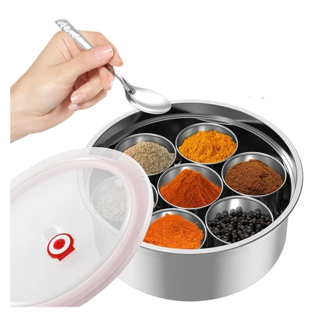 UBOHUZ Spice Box Stainless Steel Containers Masala Dabba With 7 Compartments With Transparent Lid for Kitchen Condiment