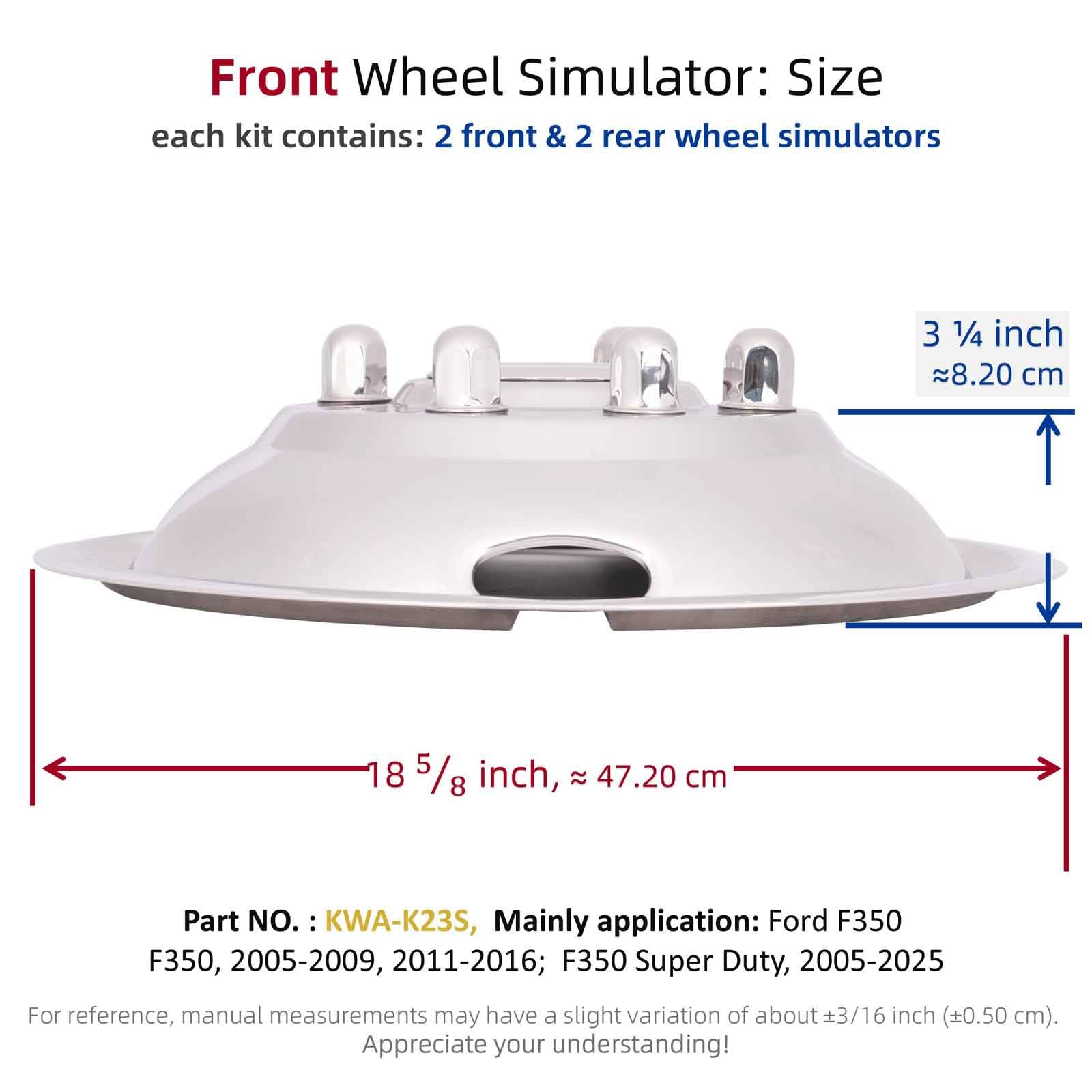 17.0 inch Wheel Simulators - 8 Lug 4 Hand Holes Wheel Simulators - Perimum L304 Stainless Steel Dually Simulators Kit - Wheel Cover mainly for 2005-2009/2011-2016 Ford F350, 2005-2025 F350 Heavy Duty
