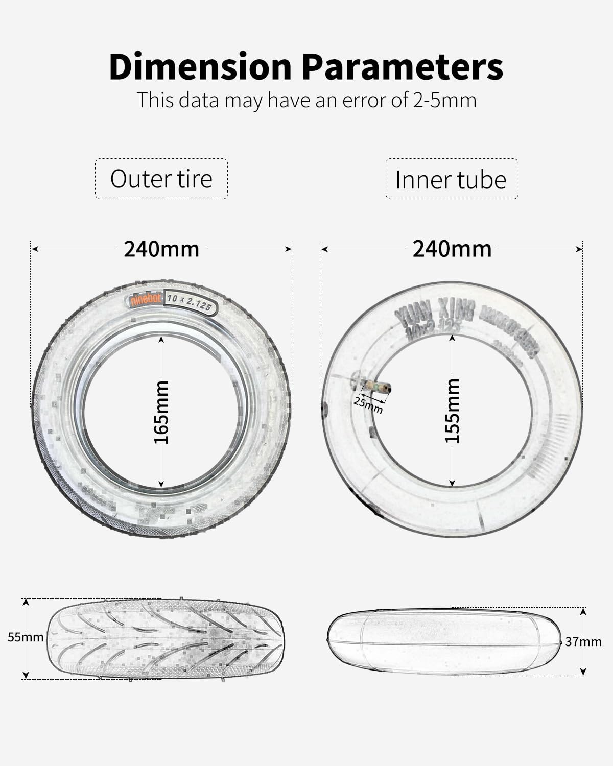 10x2.125 Outer Tire Inner Tube Compatible with Ninebot by Segway Kickscooter F25/F30/F40/F65/D18W/D28U10 Inch Non-Slip Tyre Original Inflatable Inner and Outer Tires(10x2.125 Outer Tire + Inner Tube)