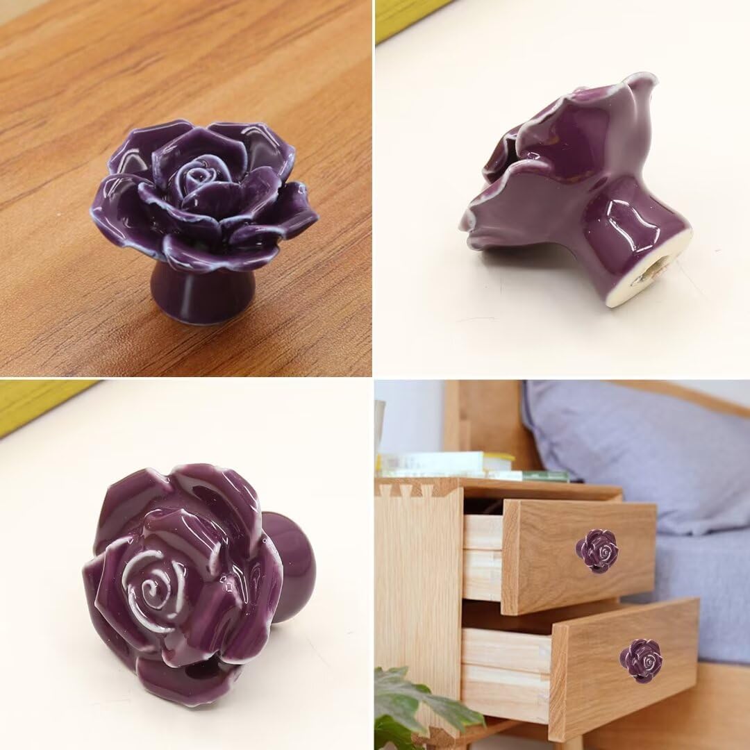 Vintage Ceramics Cabinet Handle, Ceramic Cabinet Knobs Drawer Pulls Door Knobs Handle Rose Shape Cabinet Handle for Girl's Room Home Furniture(Purple)