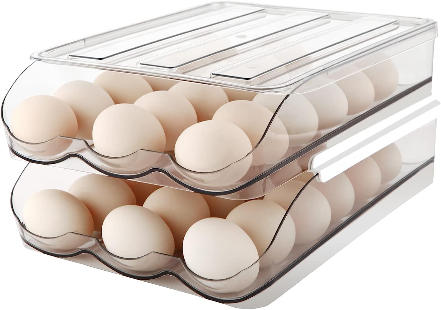 eBigValue Auto Rolling Egg Holder for Refrigerator – Reusable Auto-Roll Egg Holder – Stackable Clear Plastic Storage Tray with Lid for Fridge Organization Pack of 2