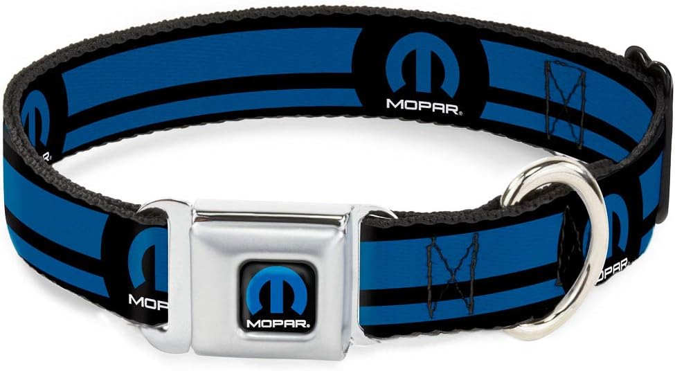 Buckle-Down Seatbelt Buckle Dog Collar - MOPAR Logo/Stripe Black/Blue - 1" Wide - Fits 11-17" Neck - Medium