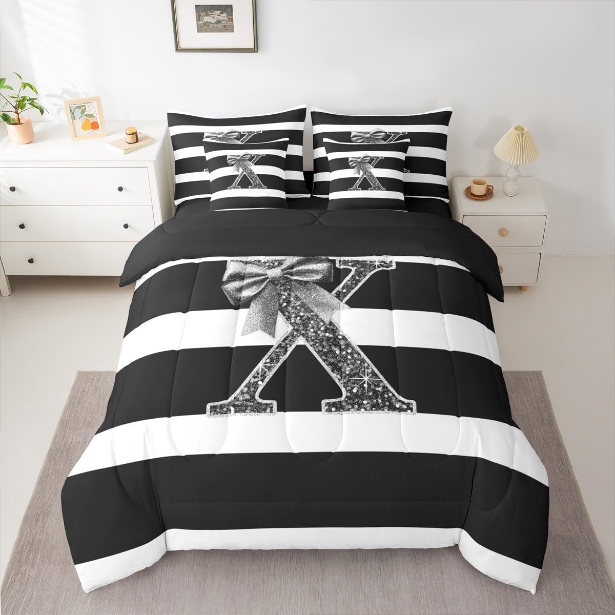 Erosebridal Initial Letter X Full Size 7 Piece Bedding Set Kawaii Bowknot Comforter Sets Modern Black Stripes Sheet Set for Teens Adult Women Cute Sequins Bow Bed in A Bag with Flat and Fitted Sheet