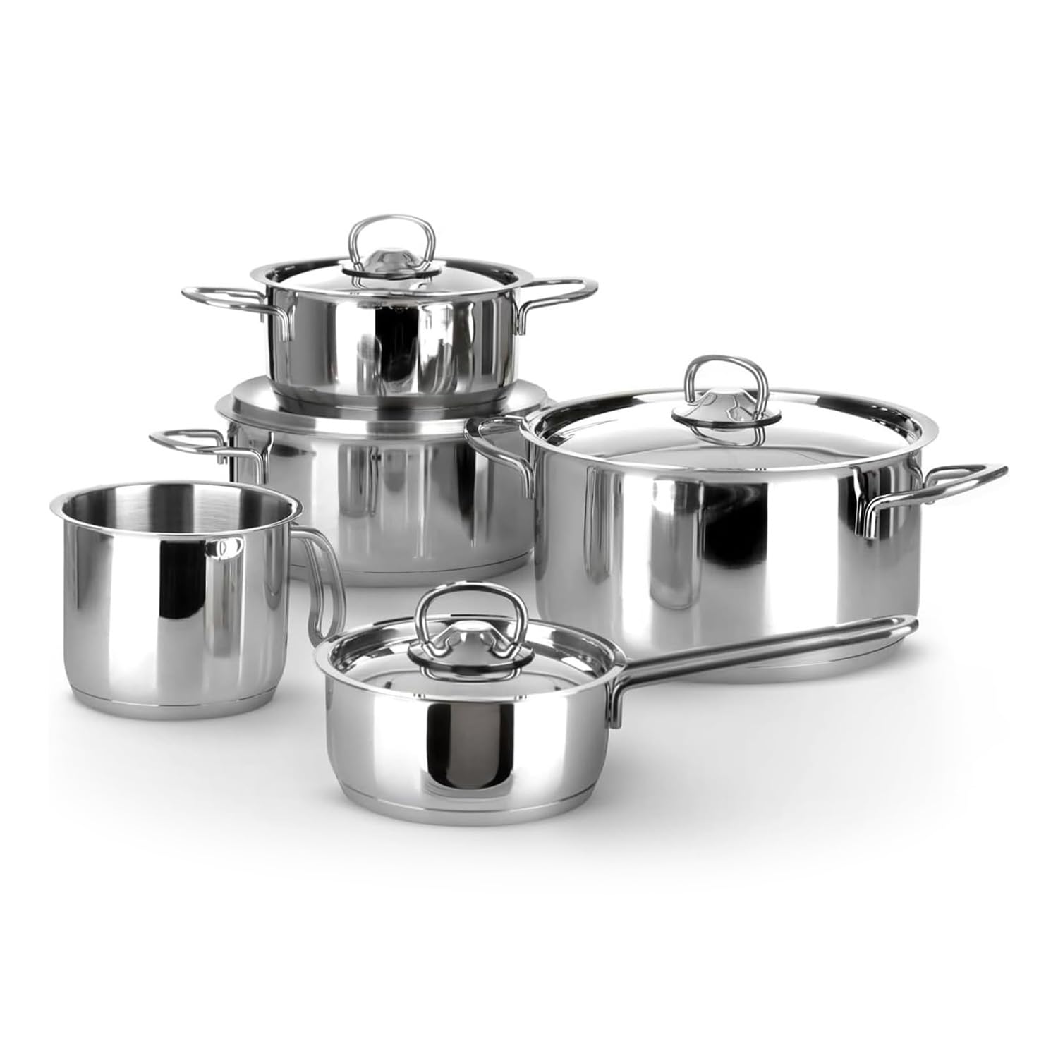 Avilia Batteria di 9 Pentole in Acciaio Inox - Set di Pentole con Casseruole e Coperchi in Vari Diametri, Adatti per Tutti i Piani Cottura