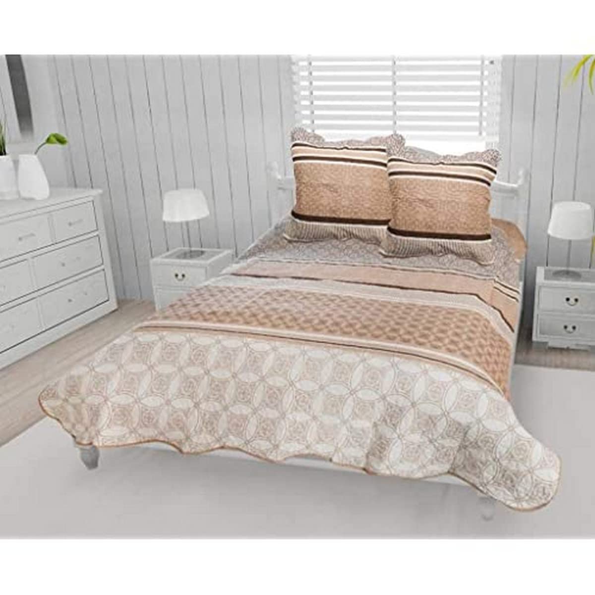 Soleil d'ocre Couvre lit boutis Coton 220x240 cm Amanda + 2 to avec 2 taies d'oreiller