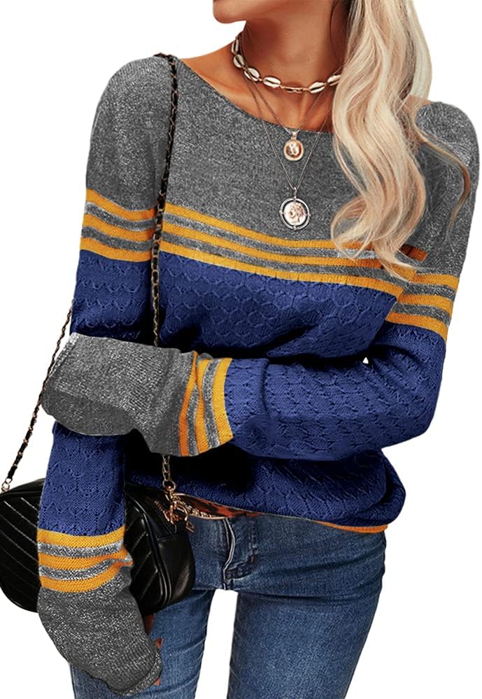 Danedvi Womens Fall Fashion 2025 Sweaters Colorblock Lightweight Striped Crewneck Winter Trendy Pullover Tops - Image 3