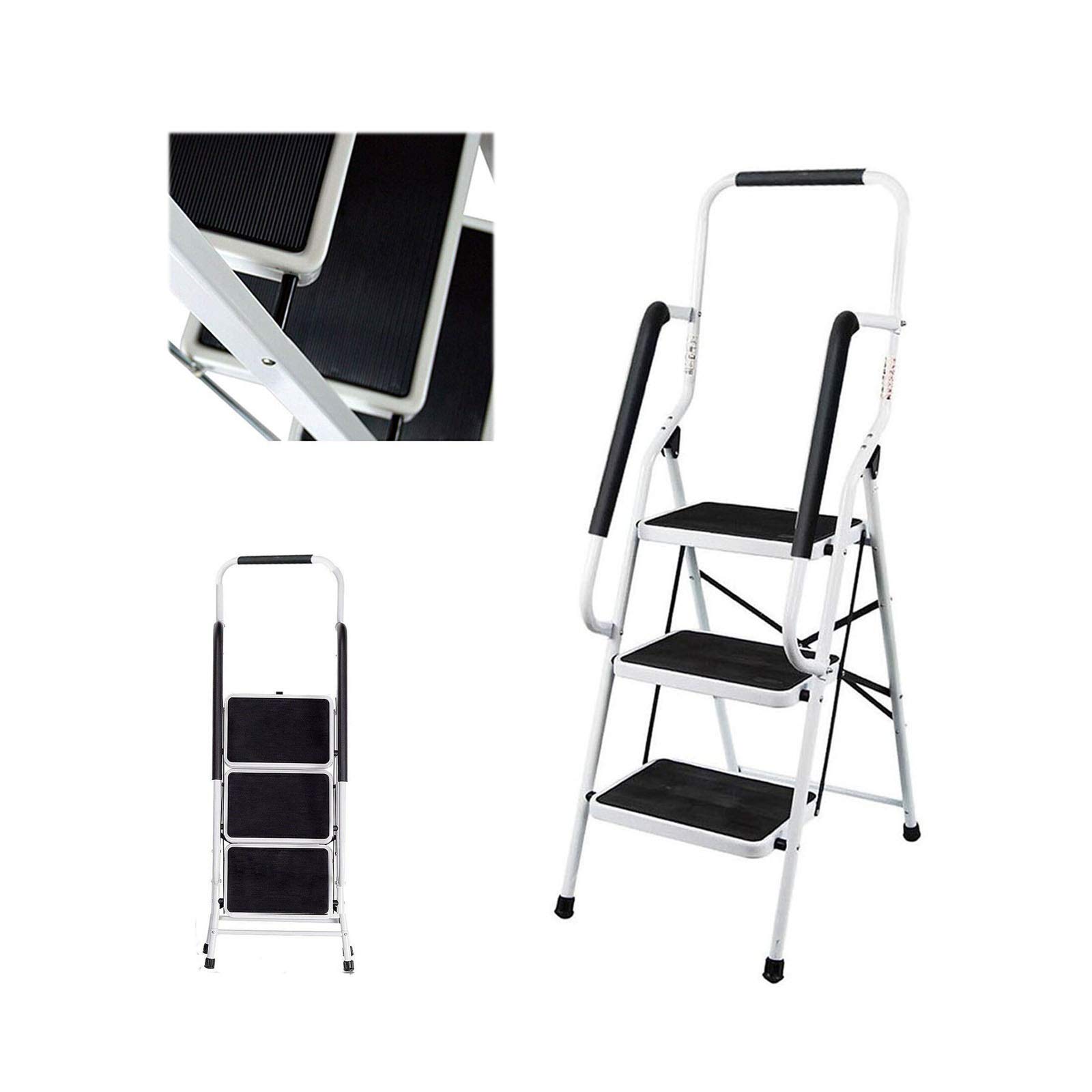Escalera de tijera de 3 peldaños con pasamanos plegable, acero de alta calidad, ligera, plegable, hasta 150 kg