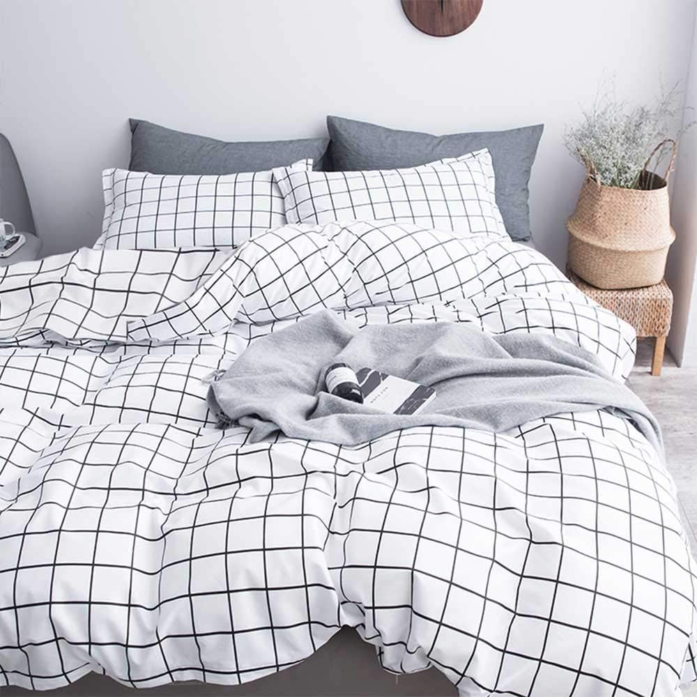 Nanko King Duvet Cover Set 3 pcs, 104x90 inch Geometric Cool Lightweight Microfiber Soft Luxury Quilt Cover with Zip Tie and 2 Pillowcase - Modern Bedding for Women Men, White Grid