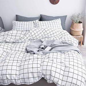 Nanko King Duvet Cover Set 3 pcs, 104x90 inch Geometric Cool Lightweight Microfiber Soft Luxury Quilt Cover with Zip Tie and 2 Pillowcase - Modern Bedding for Women Men, White Grid