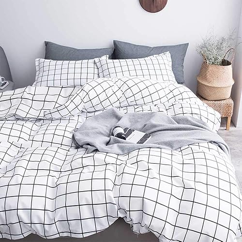 Twin Size Duvet Cover Set, White Plaid Microfiber Down Quilt Bedding Cover with Zip Ties, Farmhouse for Women Men Boys Girls Teen , 2 Piece - 68x90 inch XL Extra Long, College Dorm Grid Bed Sets