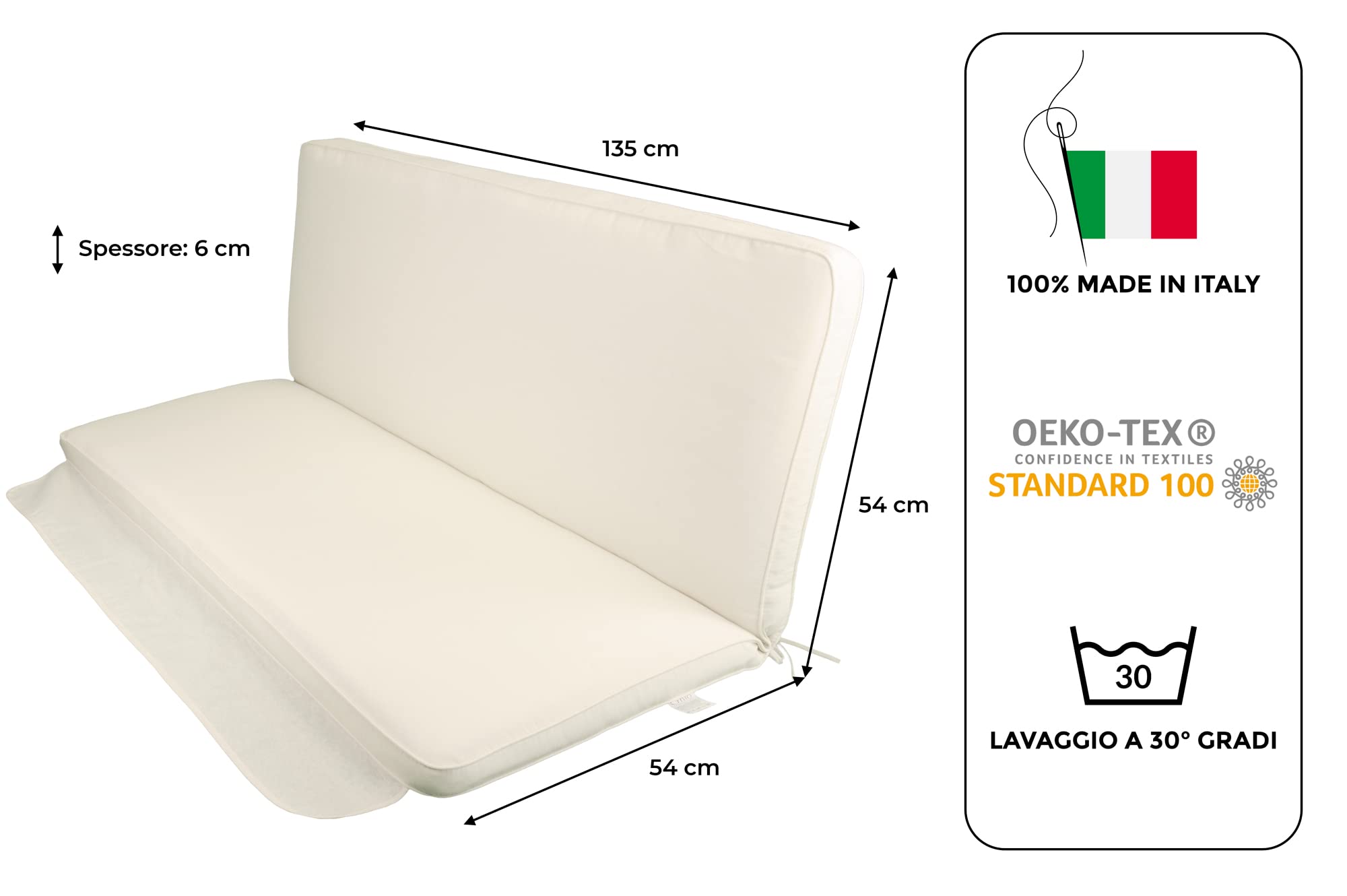 GHIOCUSCINI | Cuscino da Esterno per Dondolo da Giardino, Colore Ecru con Tettuccio, Tessuto Cotone/Poliestere, Sfoderabile, 135 cm, Spessore 6 cm, Made in Italy