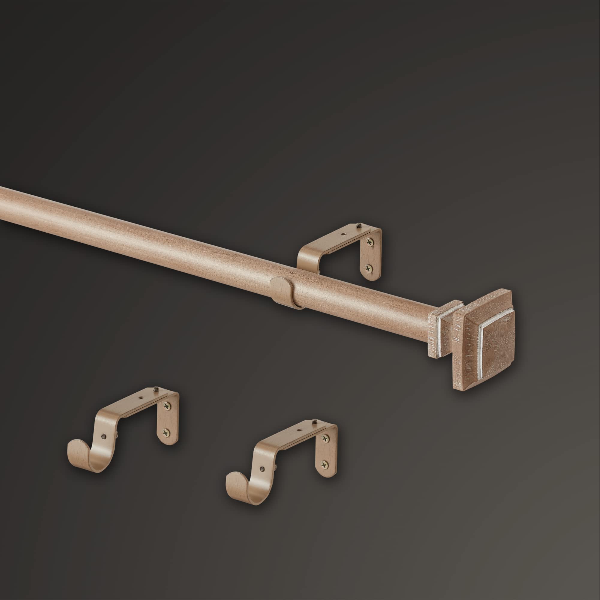 MODE Farmhouse Collection 1 1/8" Diameter Curtain Rod Set with Cottage Square Curtain Rod Finials and Steel Wall Mounted Adjustable Curtain Rod, Fits 36'' to 72'' Windows, Weathered Oak