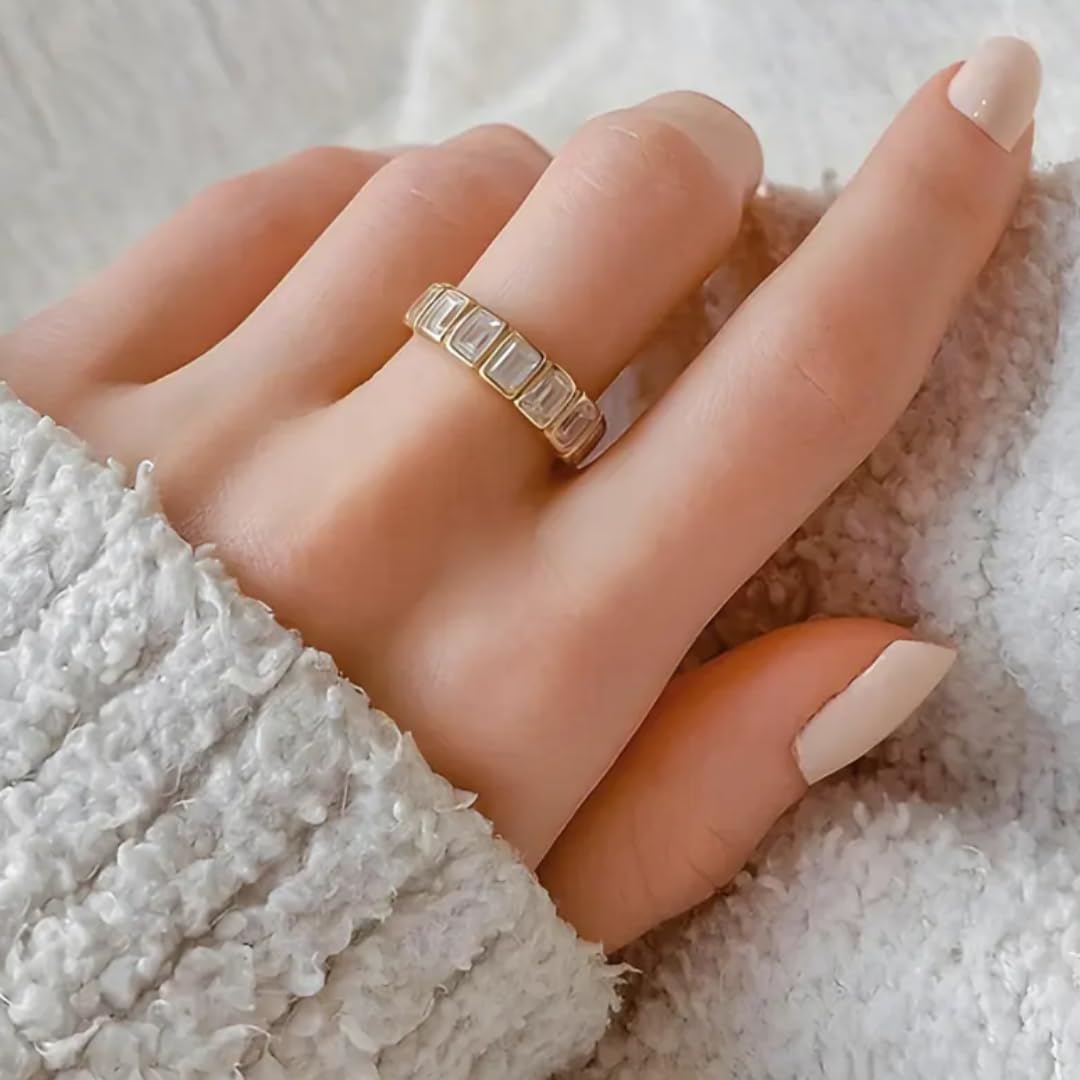 KOIMILA Handmade 0.90 Ct Emerald Cut Bezel Set Diamond Eternity Band Engagement Ring In 925 Sterling Silver 14k Gold Plated Promise Ring For Women Gift For Him