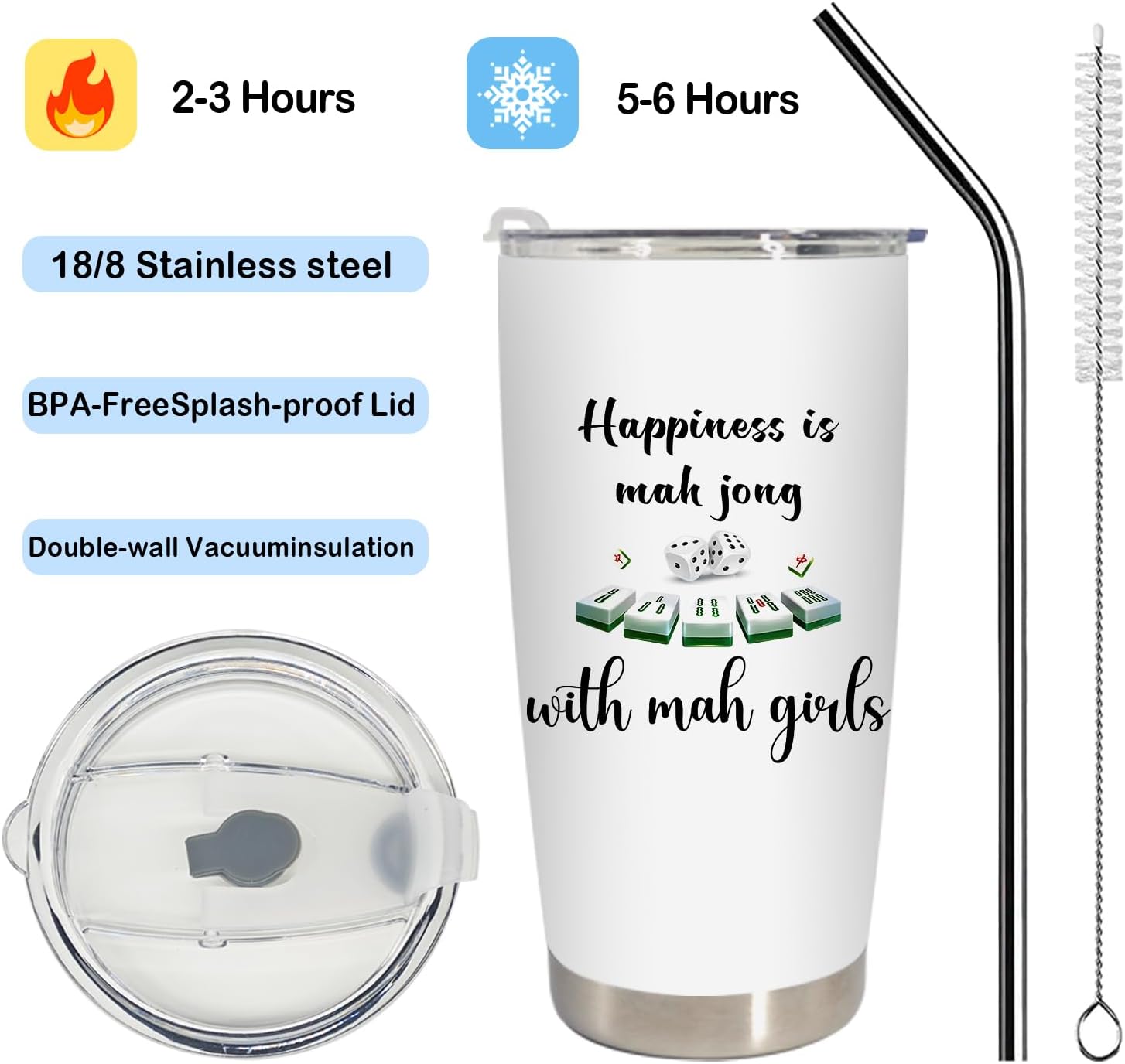 Funny Mahjong Gifts Tumbler for Women Men Stainless Steel Tumbler with Lid and Straw 20oz, Mah Jong Gifts for Mahjong Lover Travel Coffee Cup - Image 2