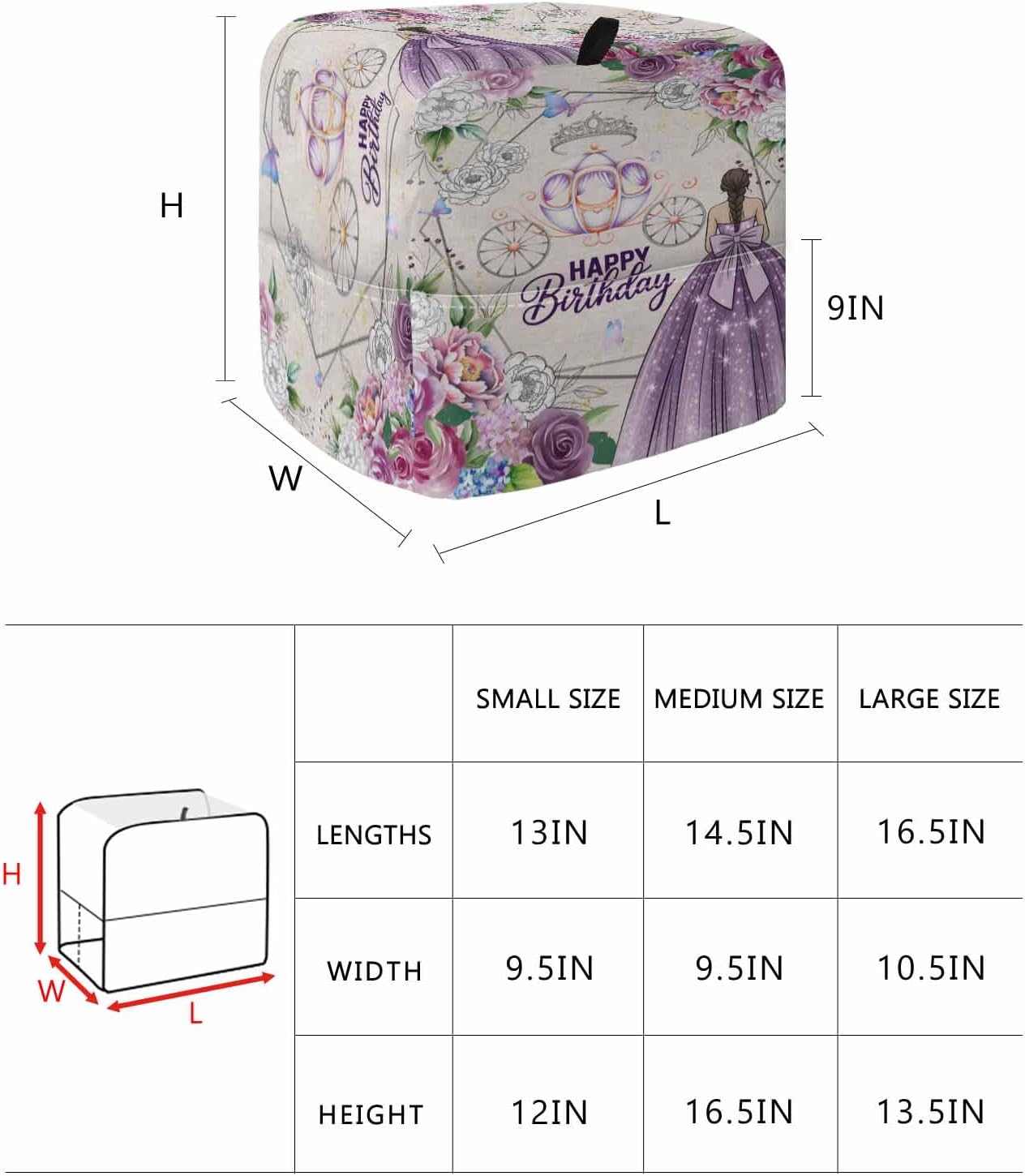 Happy Birthday Stand Mixer Cover with Storage Pocket, Waterproof Kitchen Mixer Covers, Purple Dress Crown Carriage Flowers Retro Kitchen Appliance Dust Cover Compatible with 5-8 Quart Mixers