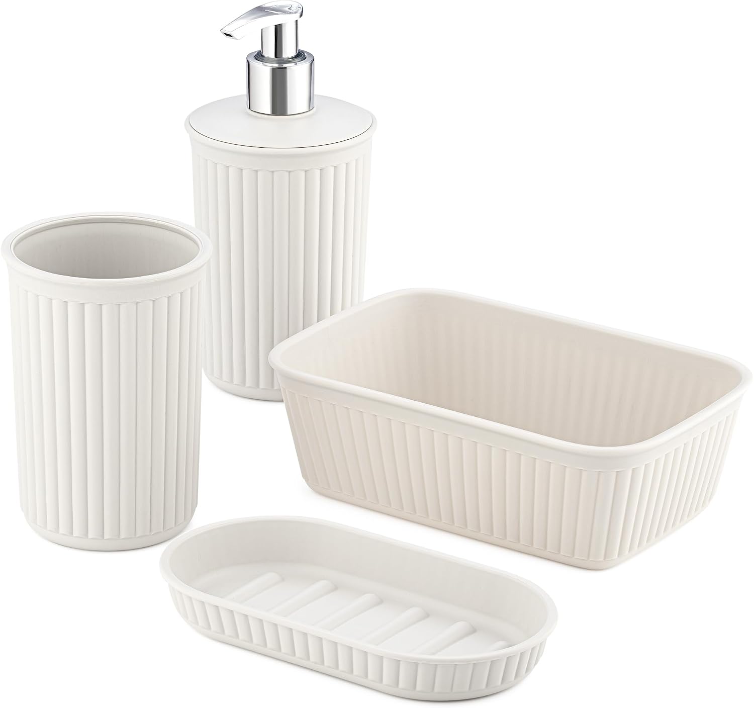 Decorative Plastic Bathroom Accessories Set, Taupe (Set of 4) Soap Dish, Liquid Dispenser, Toothbrush Holder Cup, Vanity Organizer Tray - Bath Accessory Countertop Decor Gift - Ribbed Design