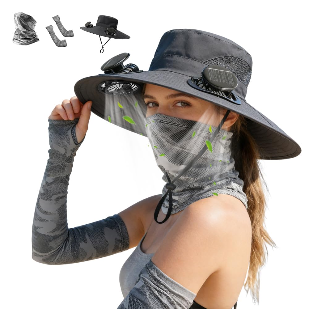 Solar Fan Hat, Outdoor Wide Brim Sun Hat with Fan Built In, 3 Adjustable Wind Speeds, Solar & USB Charging Power Cooling Hat with Fan for Hiking Camping Fishing Mountaineering, Summer UV Protection