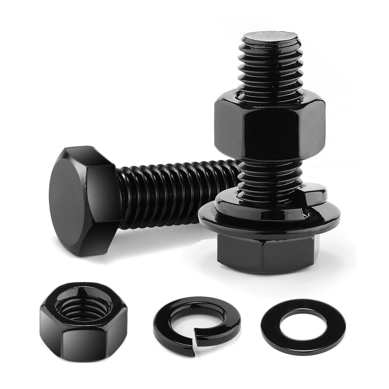10Pcs M6 x 30mm Hex Head Bolt Screws, Black Oxide 304 Stainless Steel Nuts and Bolts, Flat & Lock Washers