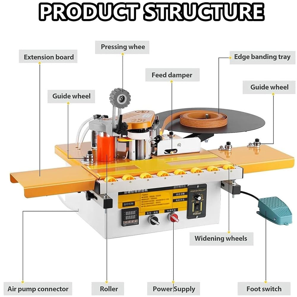 Encoladora de Cantos Automática Portátil con Pedal, Funcionamiento para Bordes Curvos y Rectos,Control Inteligente de Temperatura,Capacidad de Adhesivo 1000ml B