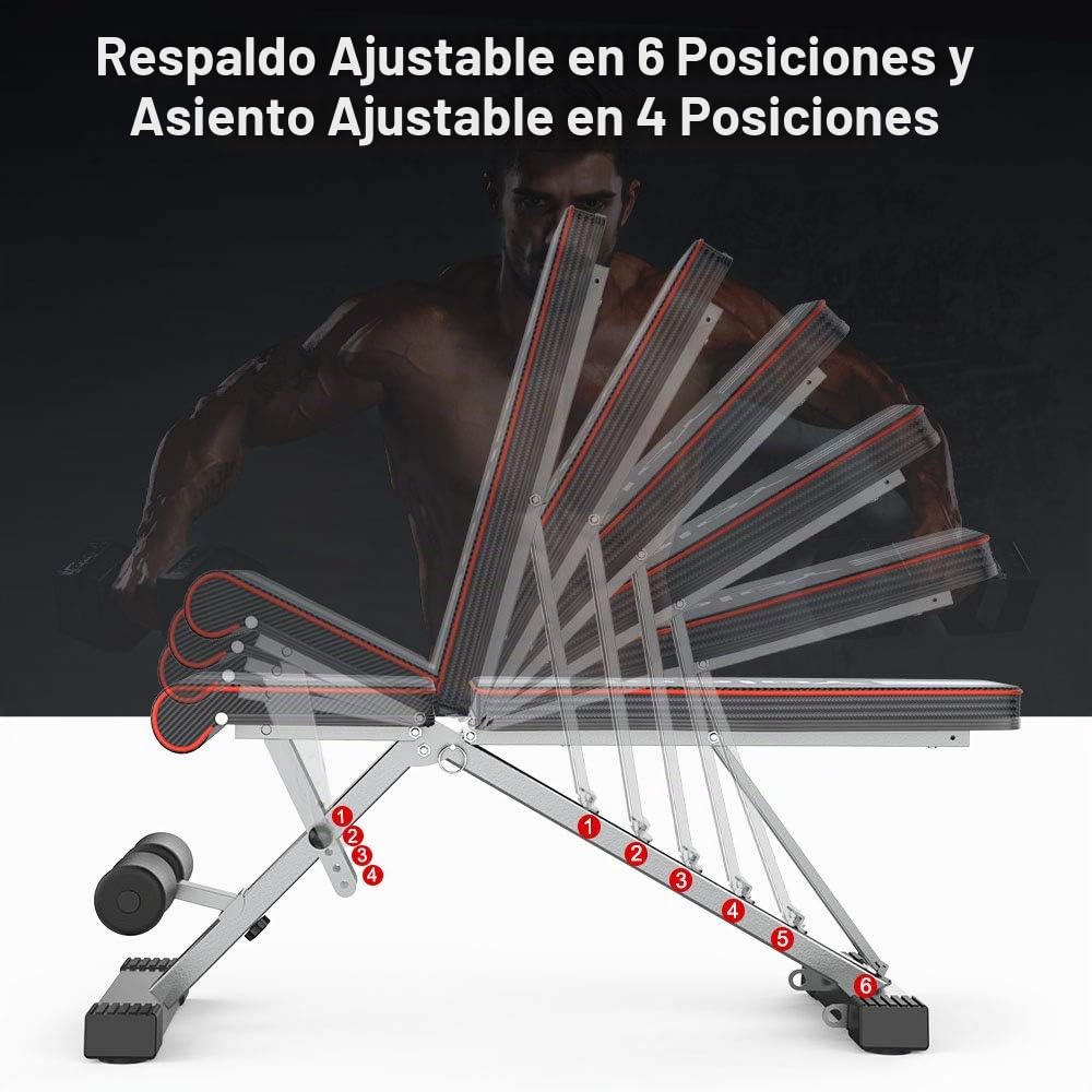 YOLEO Banco de musculación regulable, no requiere ensamblaje, banco de pesas, entrenamiento en casa, respaldo ajustable, apto para principiantes y expertos, carga máx. 300kg