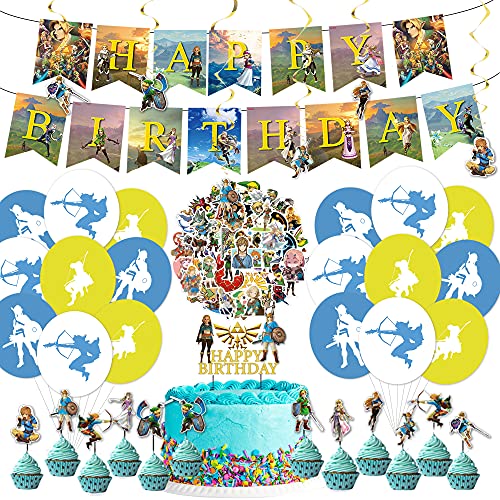 Zelda Party Supplies, Zelda Birthday Party Decorations Includes Happy Birthday Banner, Balloons, Swirls,Cake & Cupcake Topper for Zelda Theme Birthday Party