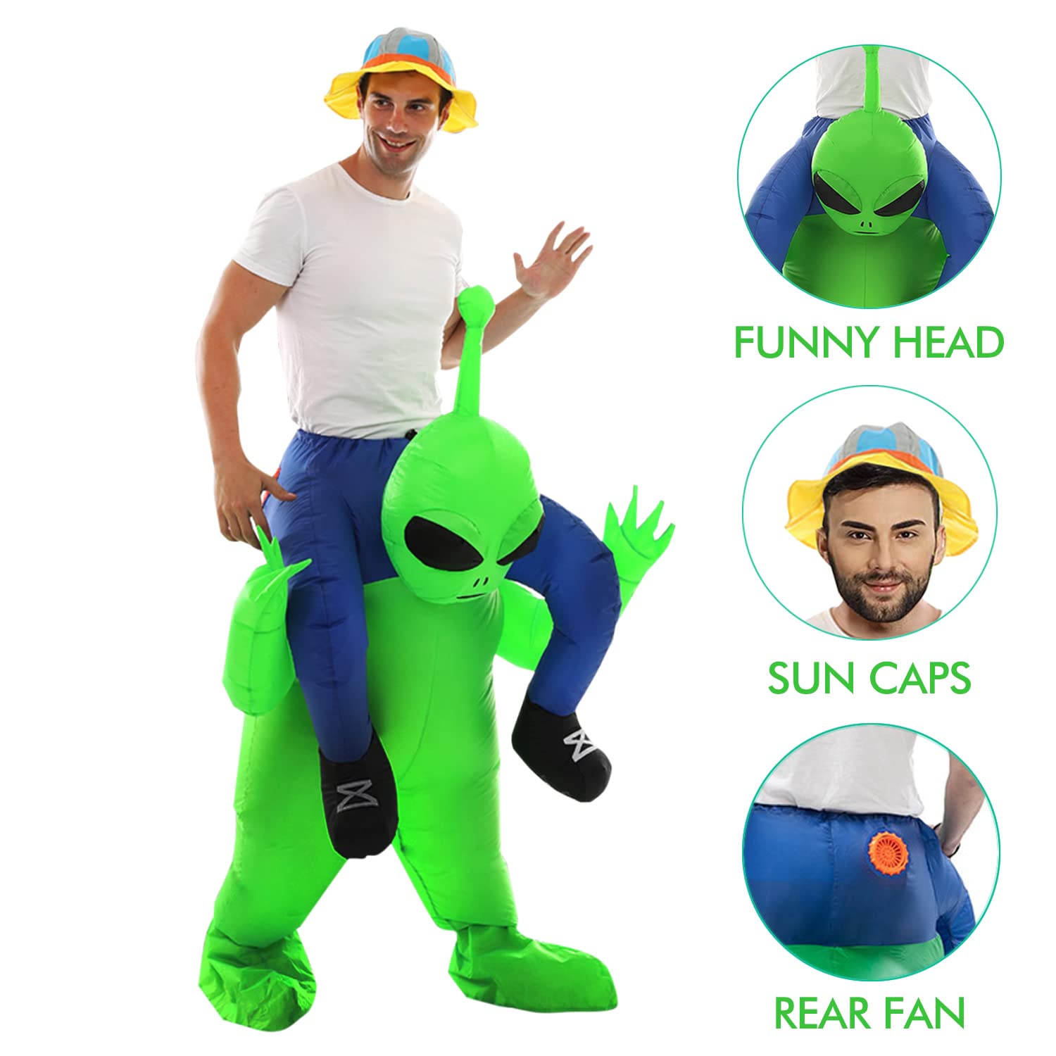 Déguisement extraterrestre vert extraterrestre People pour Adultes Halloween Vert Carry Me Costume Drôle Blow Up Cosplay pour Fête Carnaval 150-190CM