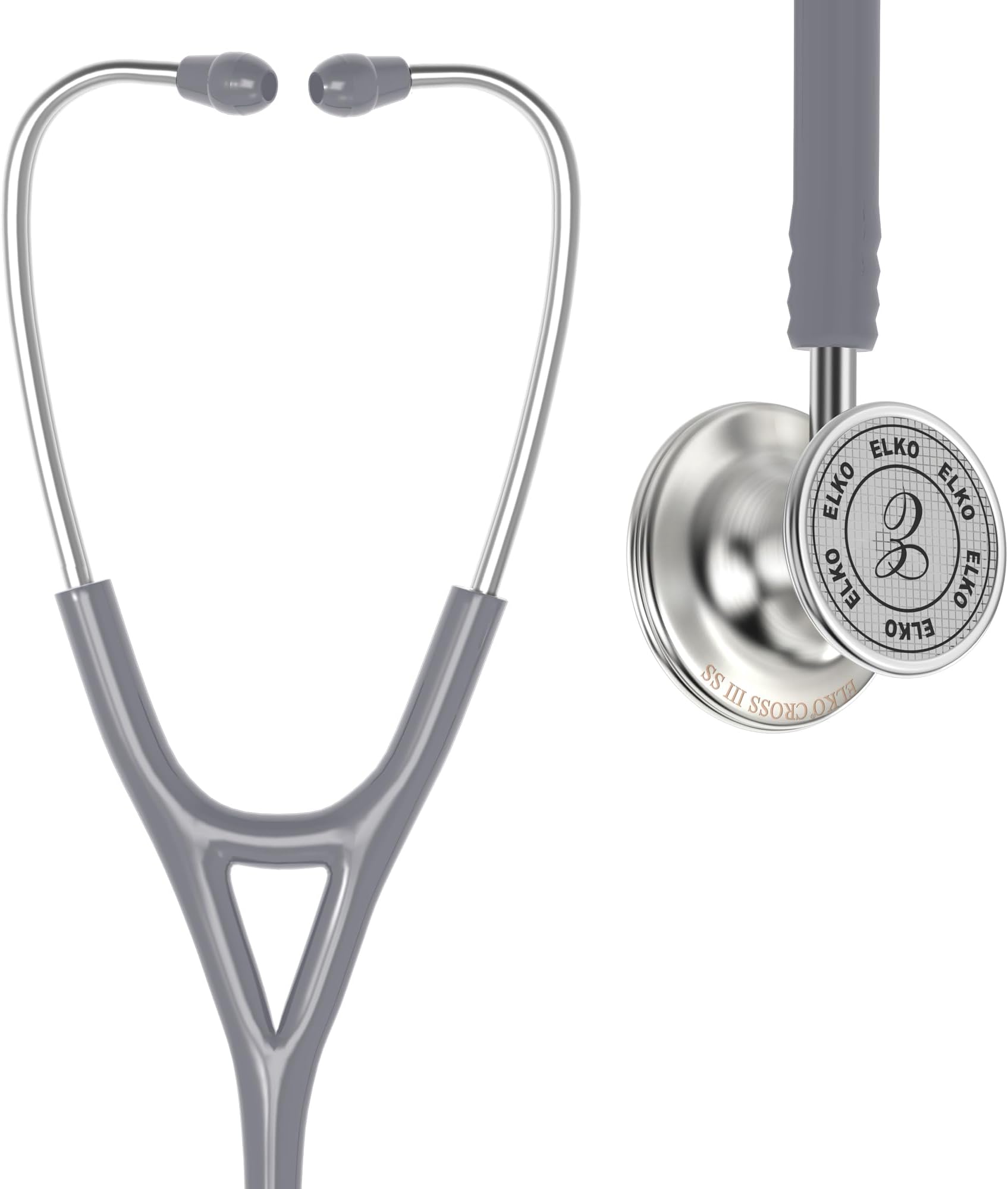ELKO EL-190 CROSS III SS stainless steel dual head acoustic stethoscope | Adult & Pediatric Stethocope with Double-sided Stainless Steel Chestpiece | Two-Way PVC Tubing | Doctors & Medical Students (Grey)