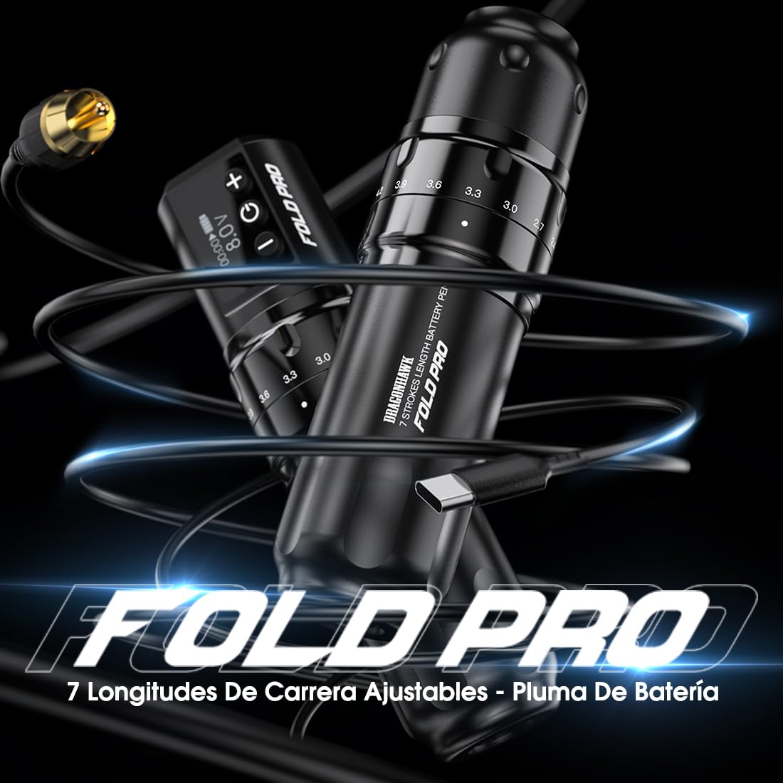Dragonhawk Fold Pro Máquina de tatuar inalámbrica Bolígrafo con batería de 7 carreras 2.4-4.2mm, 2pcs batería de 1500mAh para tatuadores profesionales
