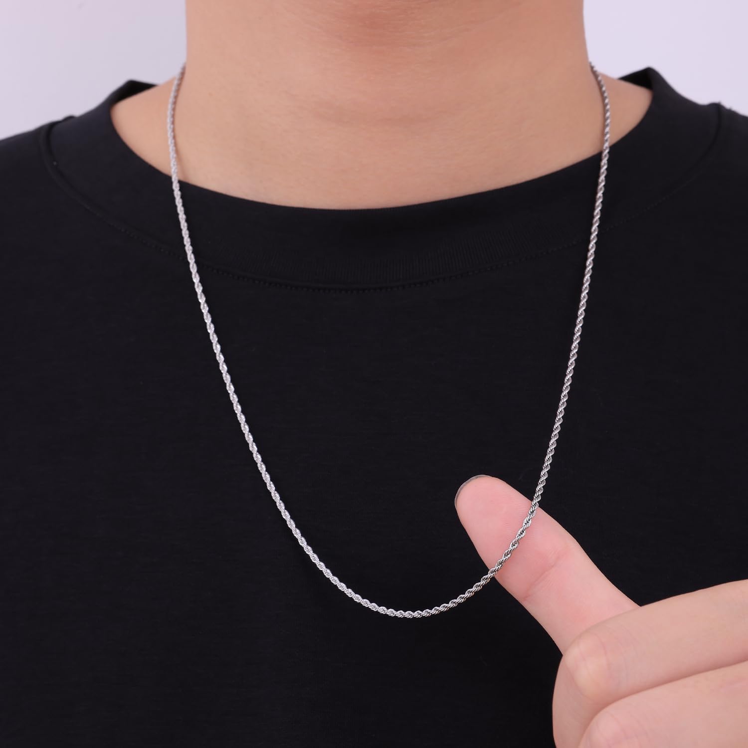 Fiusem 3mm Rope Chain Necklace for Men, Silver Tone Mens Chain Necklace, Stainless Steel Necklace Chain for Men Women, Jewelry Gift - Image 4