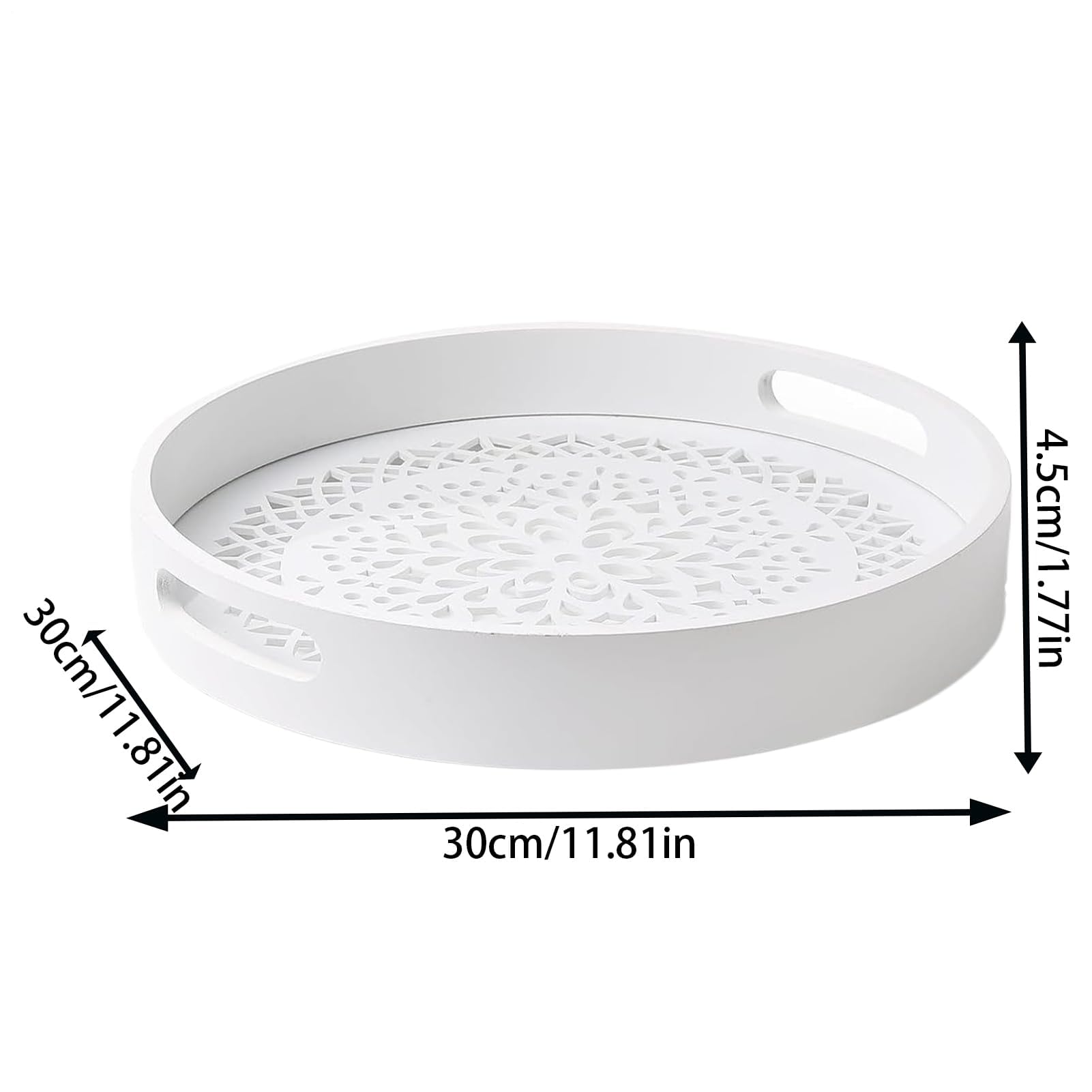 Bandeja Redonda rústica para Servir café, Resistente al Agua, Decorativa, Ideal para Velas, Aperitivos y postres, Ideal para Cocina, Sala de Estar, 30 x 30 x 4,6 cm (Blanco)