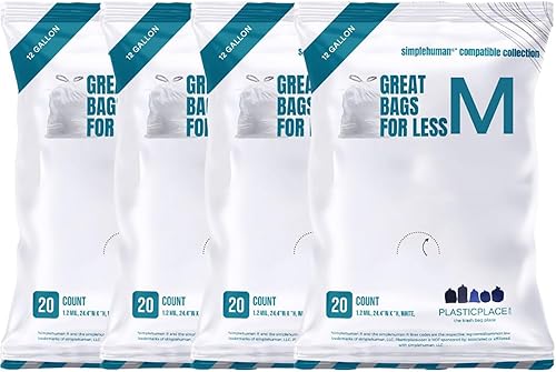 Plasticplace Bolsas de basura compatibles con simplehuman Code M, forros de basura blancos con cordón de 12 galones / 45 litros, 21 pulgadas x 30.5