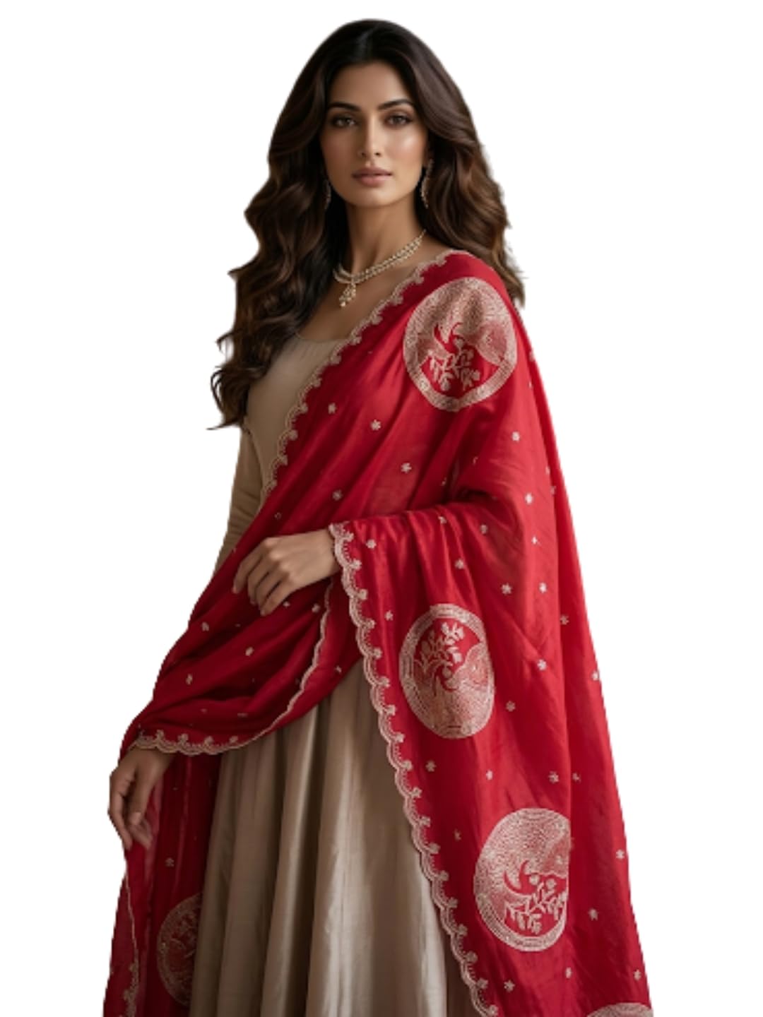 dupatta bazaar Women's Embroidered Soft Shimmer Tissue Silk Dupatta with Zardozi Ethnic Motifs | Lightweight Festive Dupatta for Kurti, Suit and Lehenga | Embellished Border, Free Size (Cherry Red)-picture-40