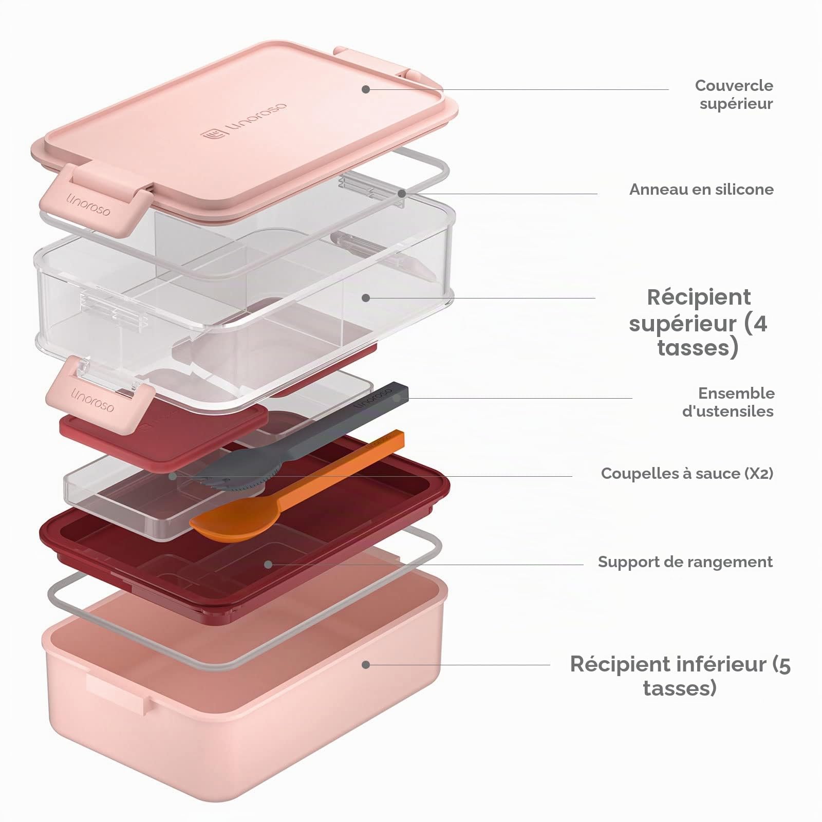 linoroso Bento Lunch Box Boite Repas pour Adulte avec 3 Compartiment Lunchbox avec Récipient à Sauce et Ustensiles Micro Ondable et Lave-vaisselle, Sans BPA Comme Boîte à Sandwich Salade - Rose