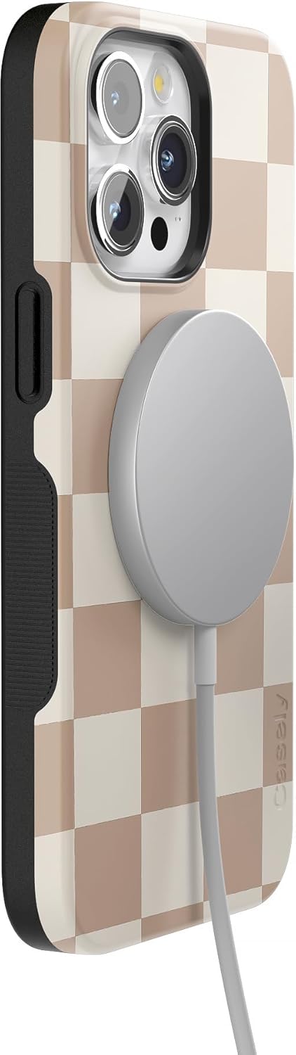 Casely iPhone 15 Pro Case | Fit Check | Neutral Checkerboard | Bold Protective Design | Compatible with MagSafe