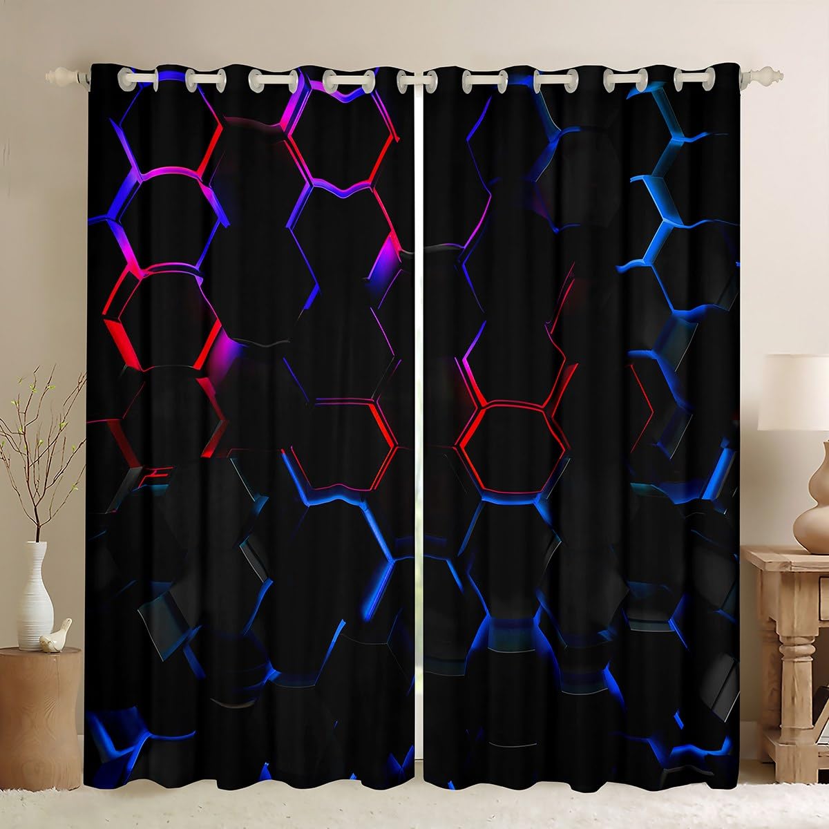 Homewish Modern Geometric Honeycomb Window Curtains 2 Panel Sets 52 x 90 Inch, 3D Hexagonal Black Blackout Curtains for Bedroom Living Room, Abstract Gradient Red And Blue Window Treatments Drapes