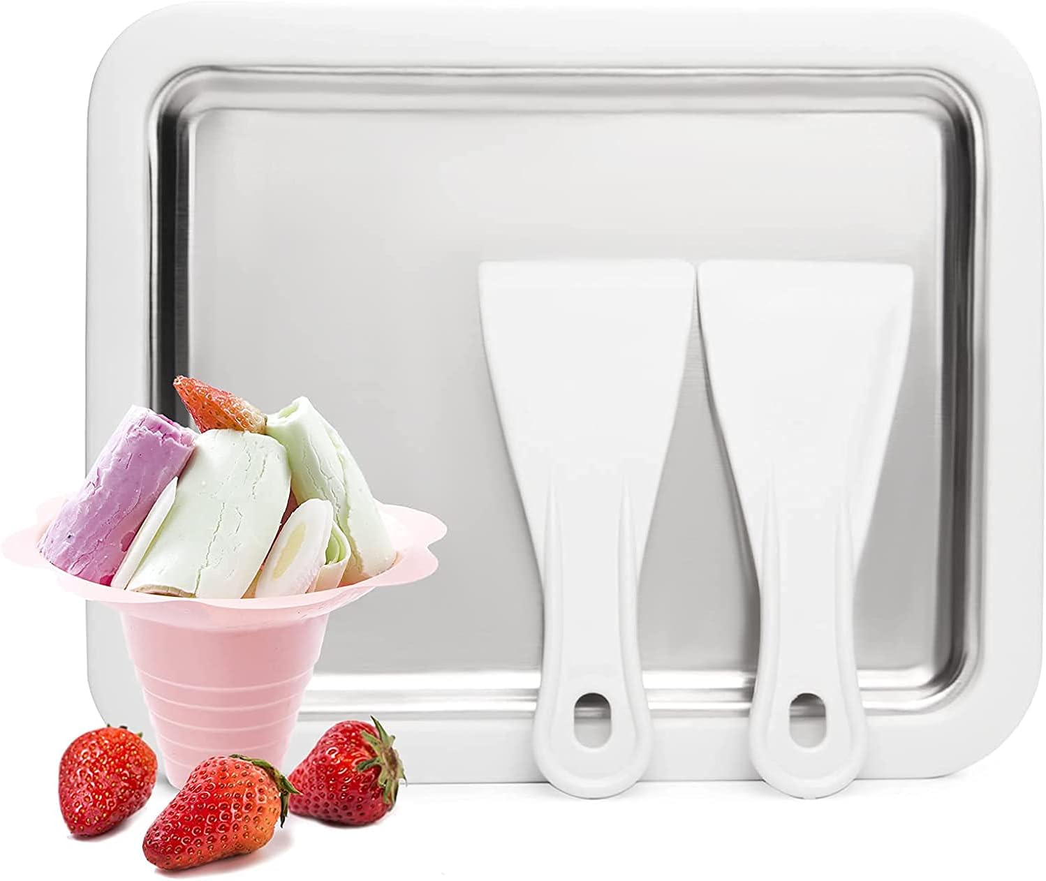 Kixre Ice Cream Maker, Instant Ice Cream Roller Pan With 2 Spatulas, DIY Ice Cream Roller Plate for Kids Family, Anti-Griddle Pan For Rolled Ice Cream, Frozen Yogurt, Sorbet, Gelato, White Plate