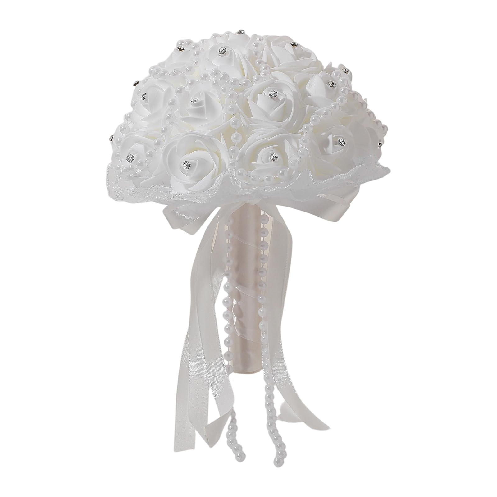 Kalttoy White Pearls Ribbon Bridal Flower Bouquet With Rhinstones Studs For Bride And Bridesmaid Special Occasion Photo Props Pearls Studs Flower Bouquet