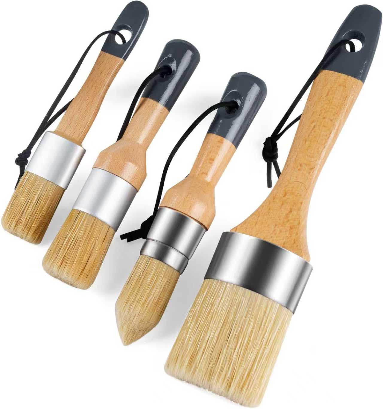 Mister Rui Lot de 4 pinceaux de peinture à la craie et à la cire pour meubles, petit rond et grand pinceau ovale avec poils naturels, parfait pour peindre ou cirer les meubles