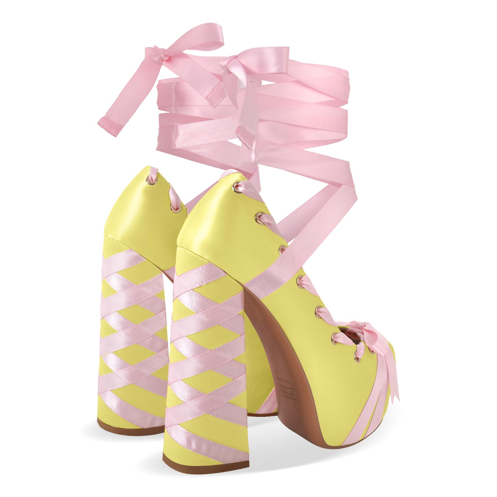 onlymakerheels Platform Heels Chunky Bow Ribbon Pumps: 9 Yellow