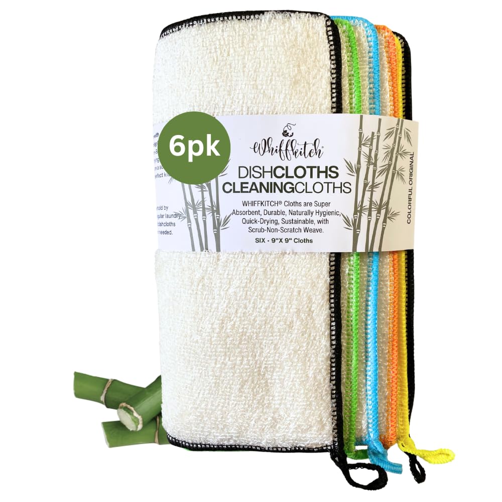 - Whiffkitch Dishcloths Dishrags for Kitchen and Household Cleaning 9x9 6-Pack Non-Scratch 2-Ply Weave, Bamboo-Rayon Fabric, Absorbent, Washable, Long-Lasting
