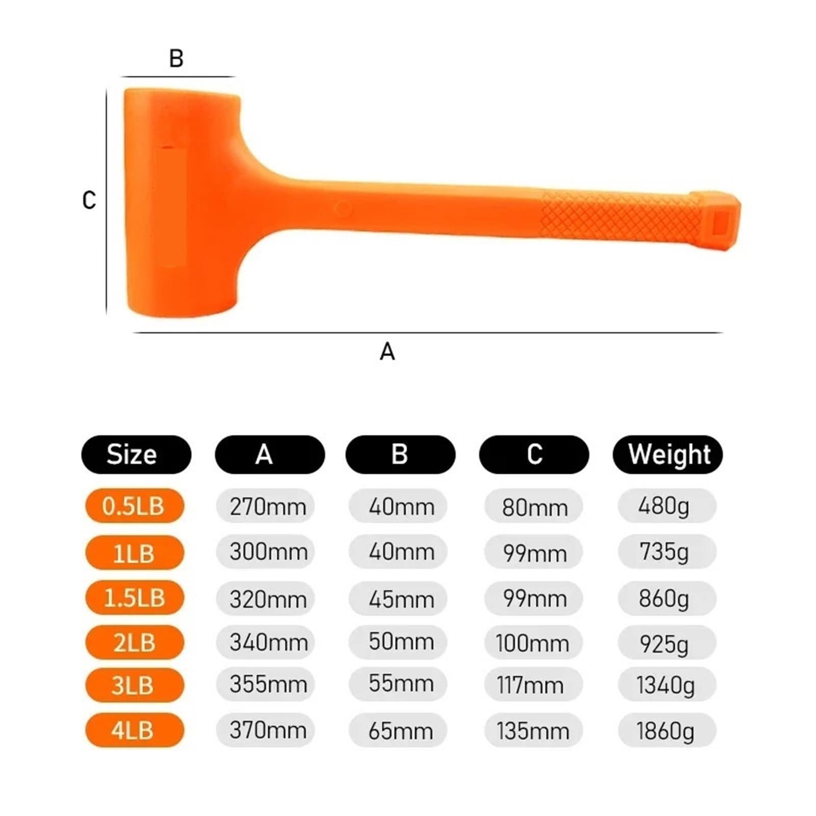 młotek gumowy， 0,5-4LB Wielofunkcyjne narzędzie Młotek do dmuchania Pomarańczowy miękki gumowy młotek instalacyjny Narzędzie podłóg drewnianych Brak elastyczności(1 LB)