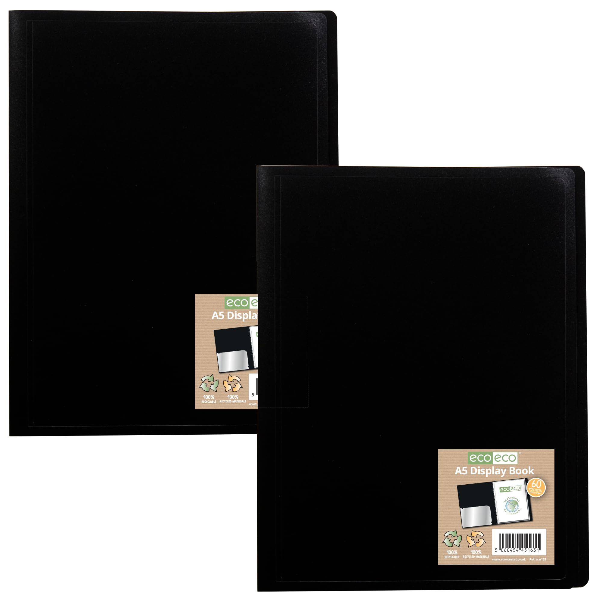 eco-eco A5 100% Recycled 60 Pocket Black Flexible Cover Portfolio Book Folder Display Book, Pack of 2 Folders, eco163x2