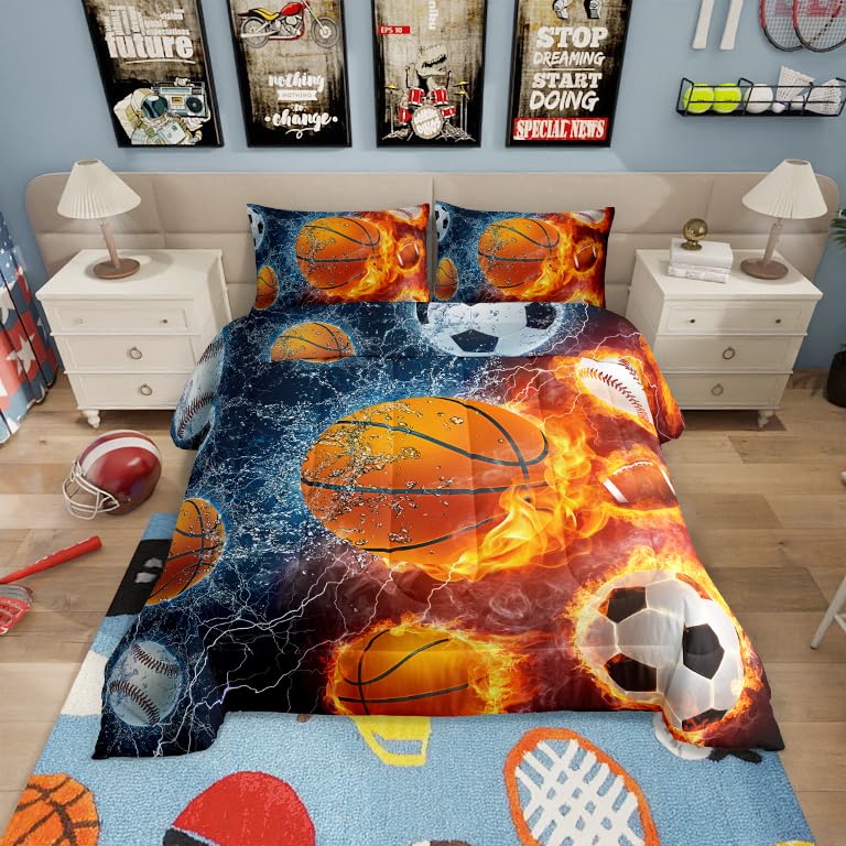Erosebridal Sports Bedding Set for Boys Queen,Baseball Basketball Comforter Set Soccer Football Bedding Comforter Sets for Kids Teens Men,Red Blue Ice Fire Lightning Decor Quilt Duvet Set 3 Pcs