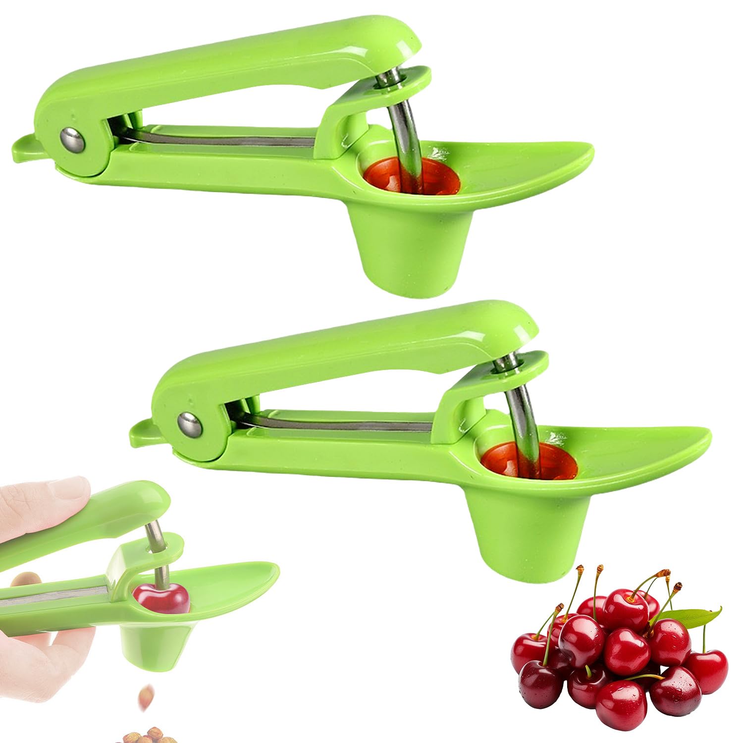 2 Unidades De Deshuesador De Cerezas, Removedor De Huesos De Cereza De Acero Inoxidable, Herramienta PortáTil Para Deshuesar Cerezas, Apto Para Frutas Y Bayas (Verde)