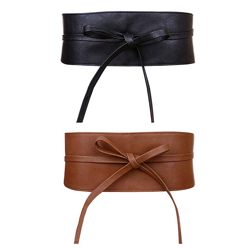 2 Pack Wide Obi Belts for Women Lace Up Wrap Thick Faux  display picture 3