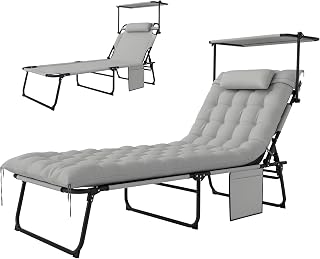 Outsunny Sonnenliege klappbar Campingliege mit Matratze, Dach, wetterfeste Gartenliege bis 120 kg belastbar, Liegestuhl mit 4-Fach verstellbare Rückenlehne, Gartenstuhl für Outdoor Garten, Hellgrau