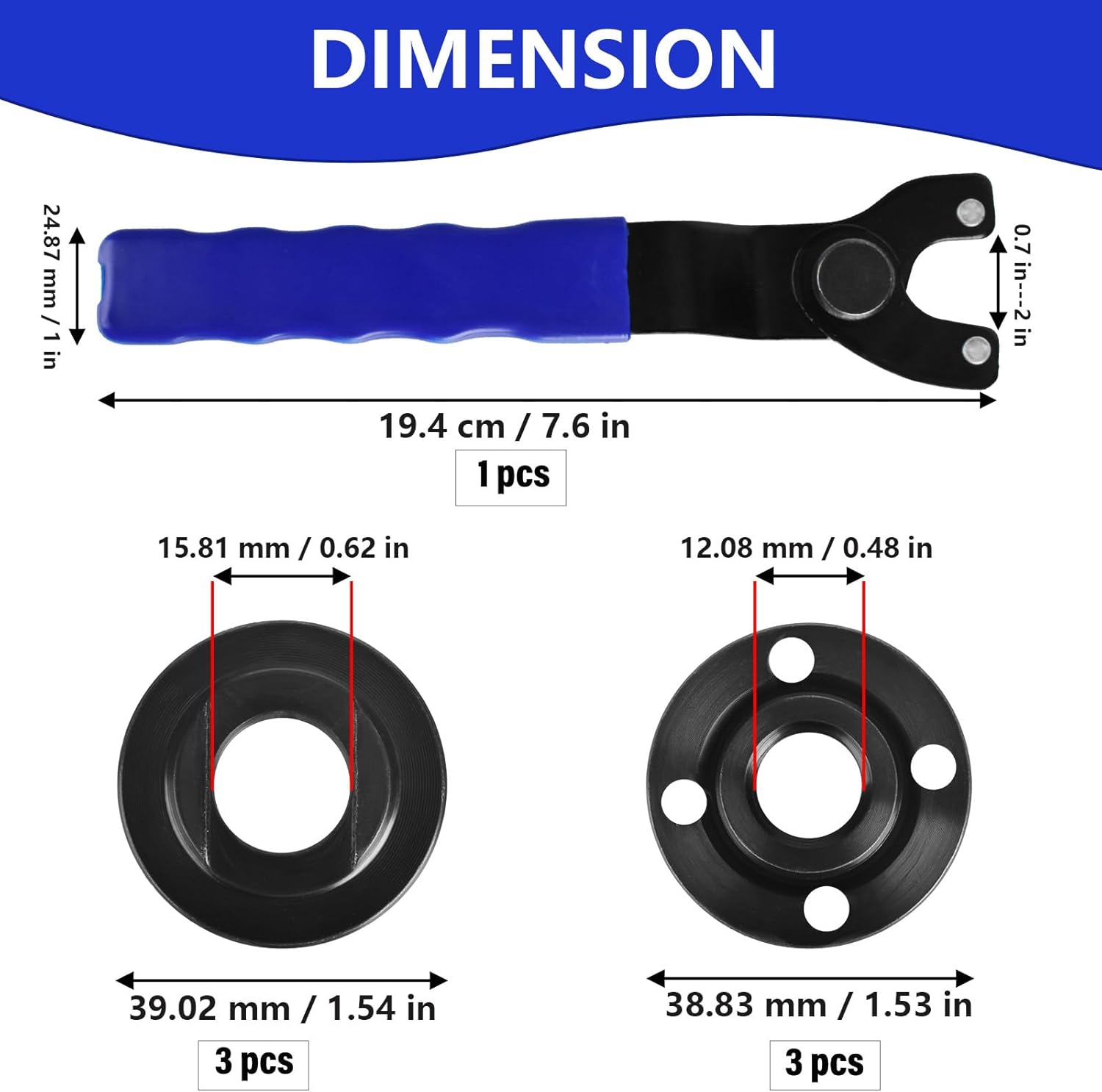 1-Pack Adjustable Angle Grinder Wrench with 3 Pairs Grinder Flange Nut Universal Adjustable Angle Grinder Wrench Angle Grinder Nut and Pin Spanner Compatible with Dewalt Grinder or other Grinders