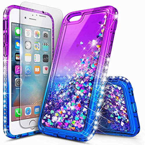 NageBee Case for iPhone 6/6S/7/8 with Tempered Glass Screen Protector for Girls Women Kids, Glitter Liquid Sparkle Bling Floating Waterfall Diamond Shockproof Cute Phone Case -Purple/Blue