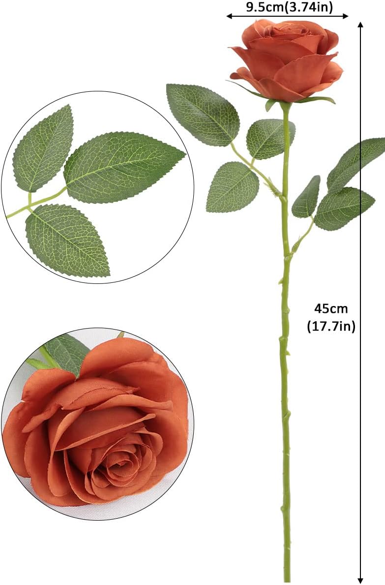 12pcs Roses Artificial Flowers Burnt Orange Fake Roses Flowers with Long Stems Silk Flowers for Wedding Bouquet Centerpices Decorations Party Bridal Baby Shower Home Decor - Image 3